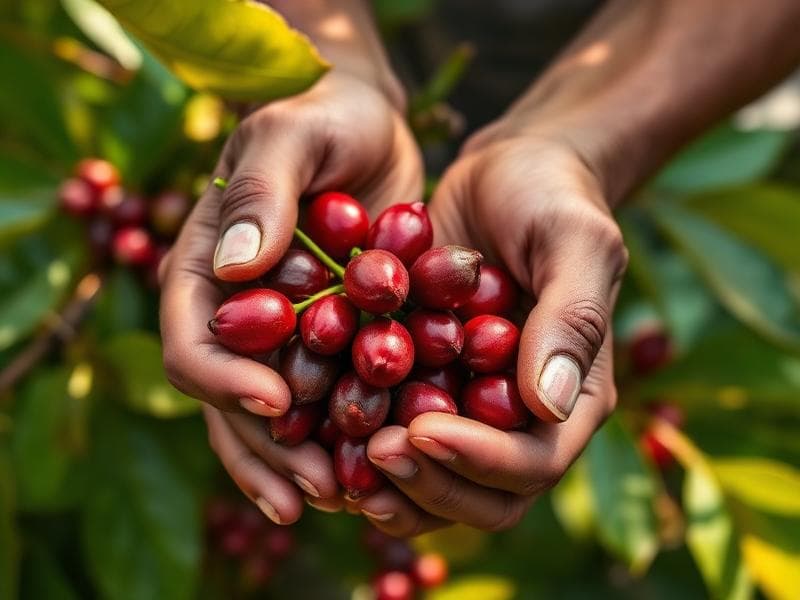 Hands harvesting ripe coffee cherries